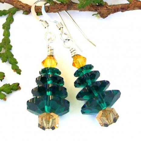 green swarovski christmas tree earrings handmade holiday gift for women