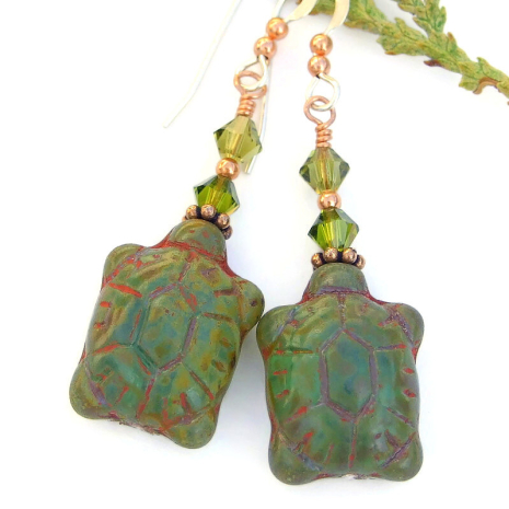 green turtle handmade earrings czech glass swarovski crystals