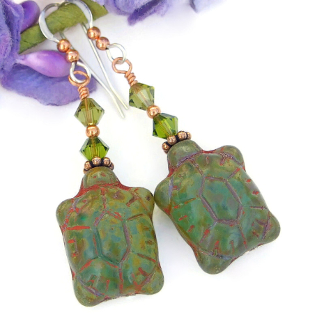 green turtles earrings one of a kind czech glass swarovski crystals