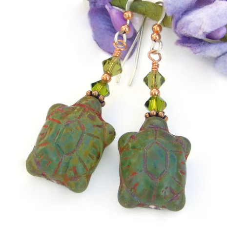 green turtles handmade jewelry czech glass swarovski crystals