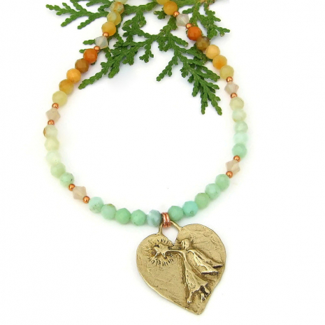 guardian angel star heart pendant necklace handmade bronze Burma jade crystals