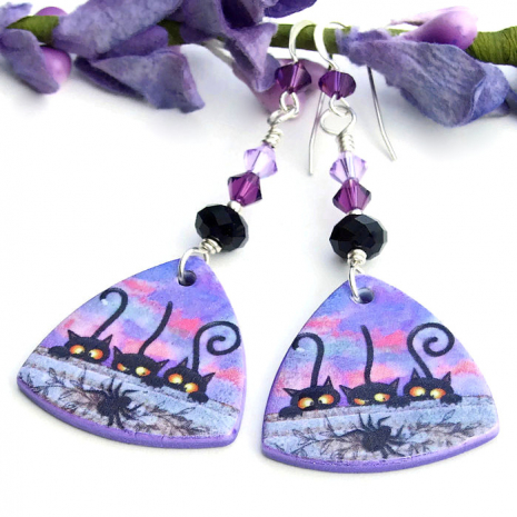 halloween cats spider earrings handmade polymer clay swarovski crystals