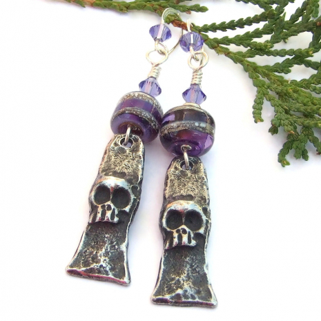 halloween day of the dead Goth skull earrings purple lampwork crystals