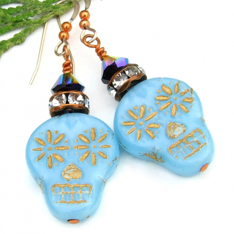 halloween day of the dead sugar skull earrings handmade sky blue silk crystals