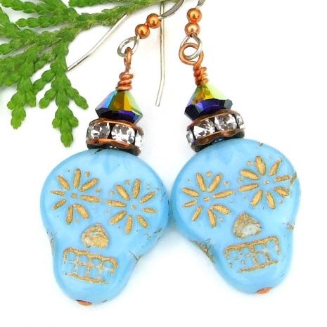 halloween day of the dead sugar skull earrings sky blue silk handmade jewelry