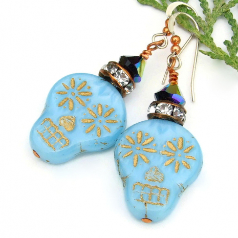 halloween day of the dead sugar skull jewelry handmade sky blue silk crystals
