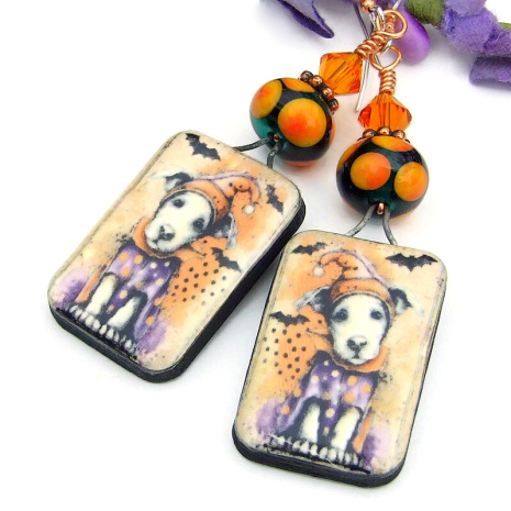 halloween dogs jewelry puppies orange purple green handmade vintage look