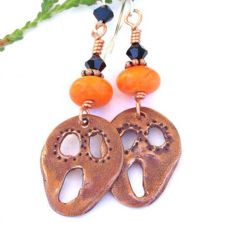 halloween earrings copper scream handmade orange magnesite black crystals