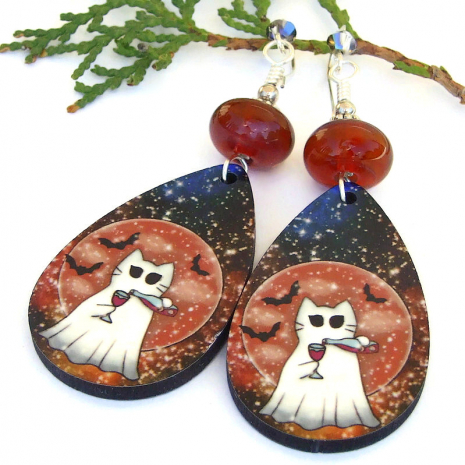 halloween ghost cat wine earrings handmade moon bats lampwork jewelry
