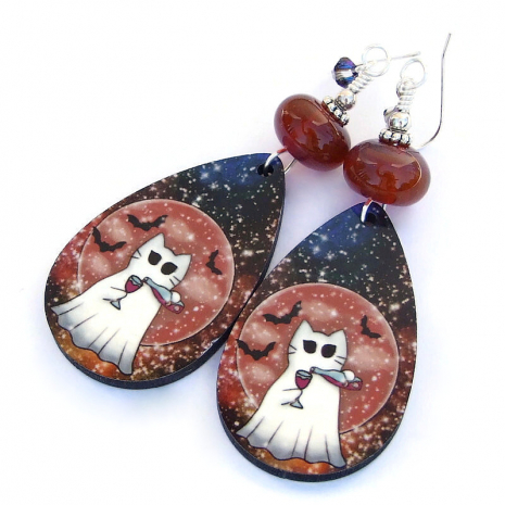halloween ghost cat wine handmade earrings gift for her