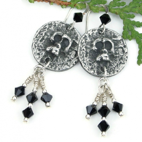 halloween goth skull earrings handmade jewelry pewter black swarovski crystals