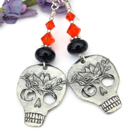 halloween goth skull jewelry ivy moon orange crystals black lampwork handmade