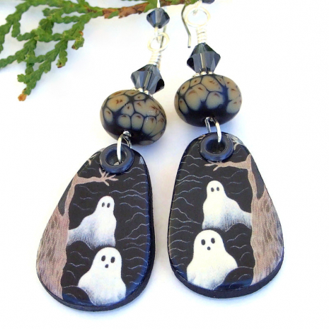 halloween handmade ghost earrings spooky ceramic lampwork jewelry