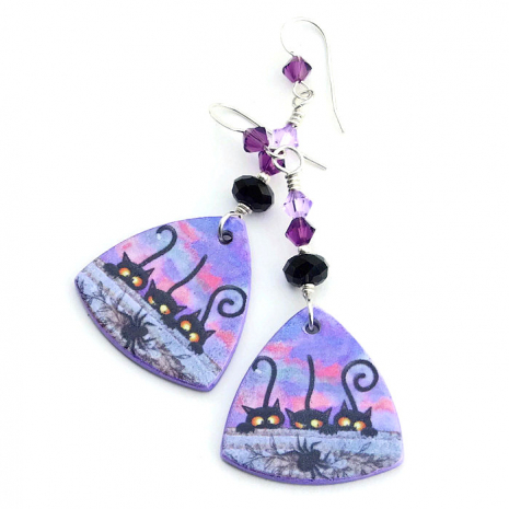 halloween kitty cat spider earrings handmade black onyx swarovski crystals
