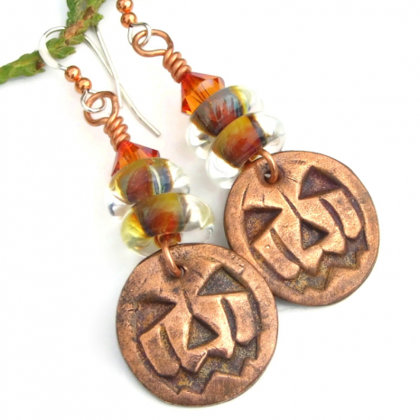 halloween pumpkin earrings handmade jack o lantern copper brown orange crystals
