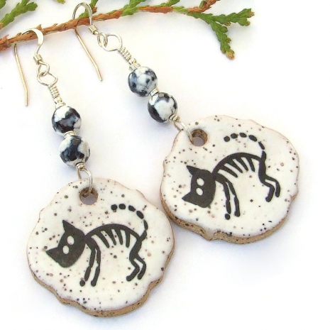 halloween skeleton cat handmade earrings black white fire crackle agate