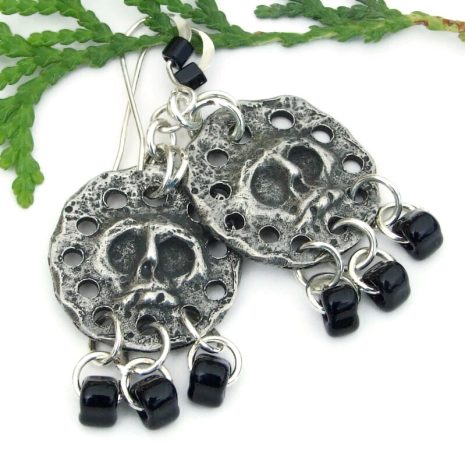 Halloween skull earrings Goth pewter black silver