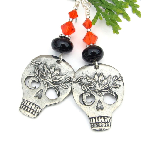 halloween skull earrings orange black goth moon ivy handmade
