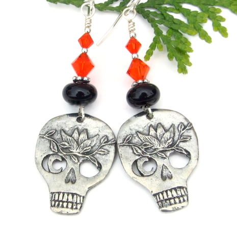 halloween skull jewelry orange black goth moon ivy handmade