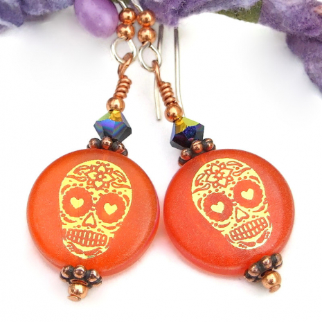 halloween sugar skull earrings handmade day of the dead orange black