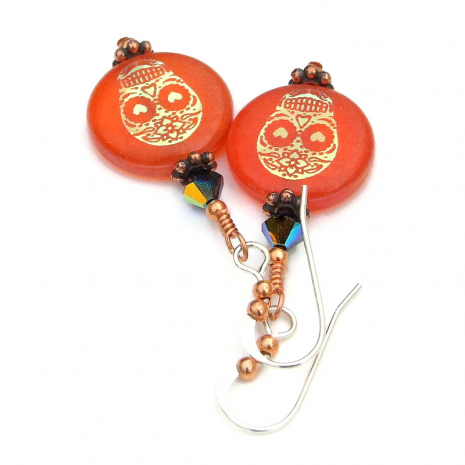 halloween sugar skull jewelry handmade day of the dead orange black