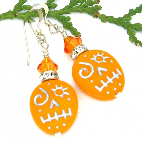 halloween voodoo skull earrings handmade orange glass swarovski crystals