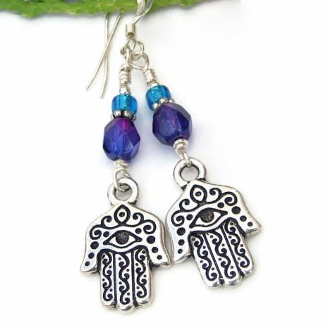 hamsa hand evil eye protection earrings handmade silver