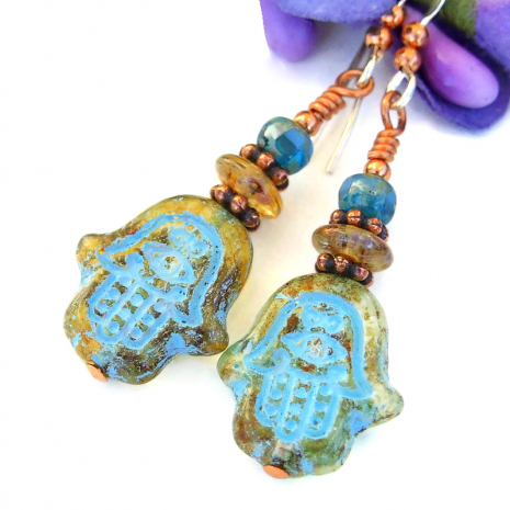 hamsa hand good luck earrings handmade turquoise amber czech glass