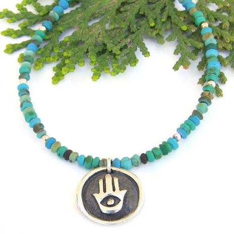 hamsa hand good luck necklace handmade real turquoise fine silver