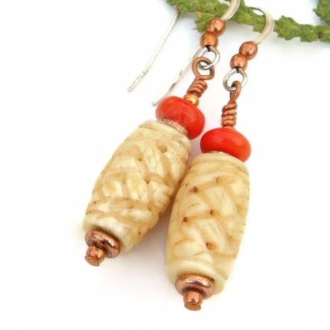hand carved bone red coral earrings copper handmade gift