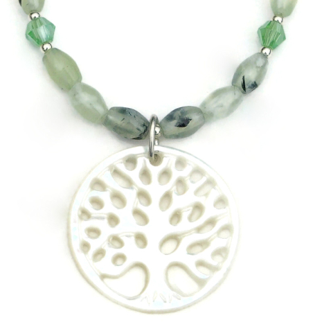 hand carved tree of life pendant jewelry mother of pearl green prehnite