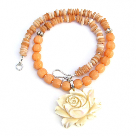 hand carved vintage mother of pearl flower necklace gift for her handmade