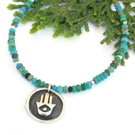 hand of fatima miriam hamsa necklace turquoise good luck protection handmade