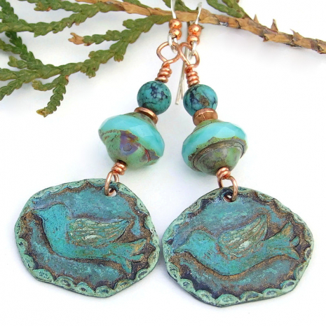 hand painted bird birds jewelry real turquoise aqua blue handmade earrings