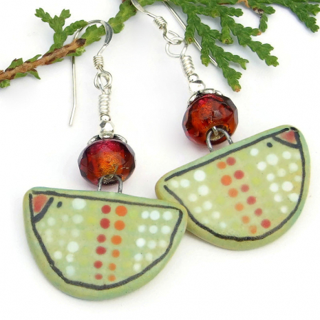 hand painted bird earrings ceramic bird lover handmade gift