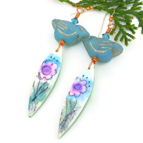 hand painted flowers birds earrings polymer clay czech glass