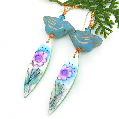hand painted flowers birds handmade earrings polymer clay czech glass