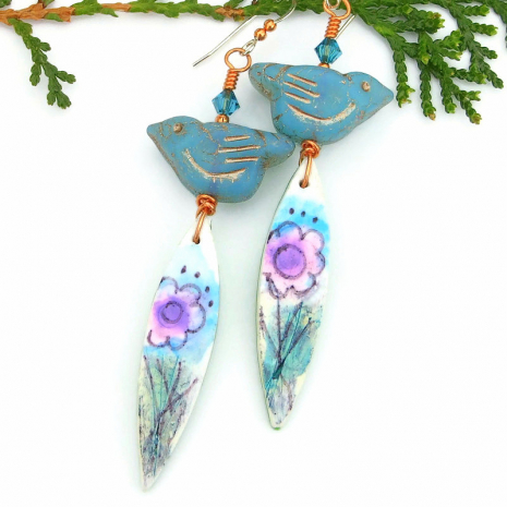 hand painted flowers birds handmade jewelry polymer clay czech glass