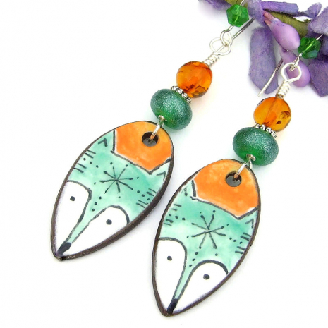 hand painted fox head handmade jewelry ceramic orange green lampwork amber