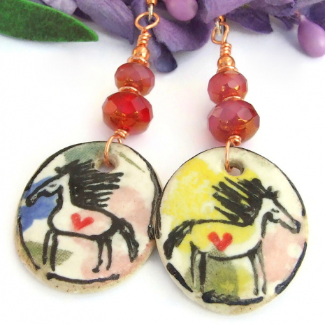 hand painted horses hearts ceramic earrings boho valentines day
