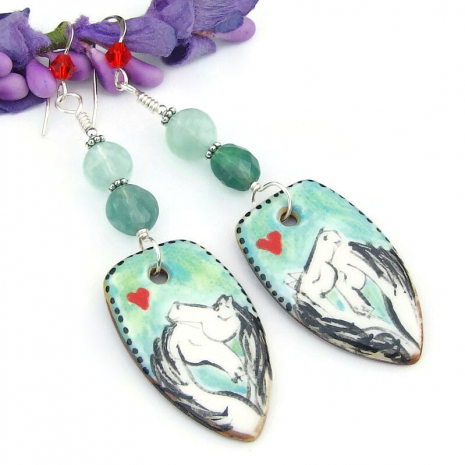hand painted horses hearts earrings ceramic fluorite swarovski crystals