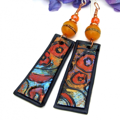 hand painted klimt red poppy flower garden inspired earrings tibetan beads