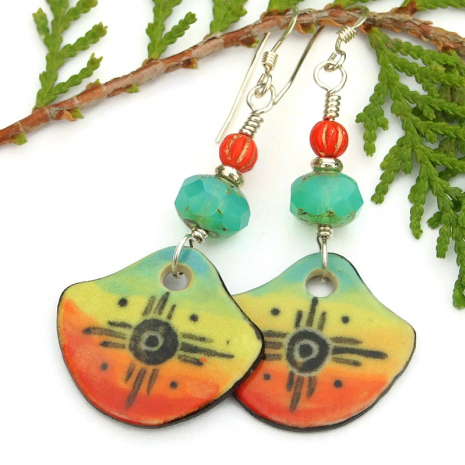 hand painted southwest sun symbol handmade earrings aqua yellow orange jewelry