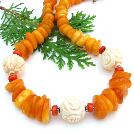 handmade amber necklace carved shell red coral chunky