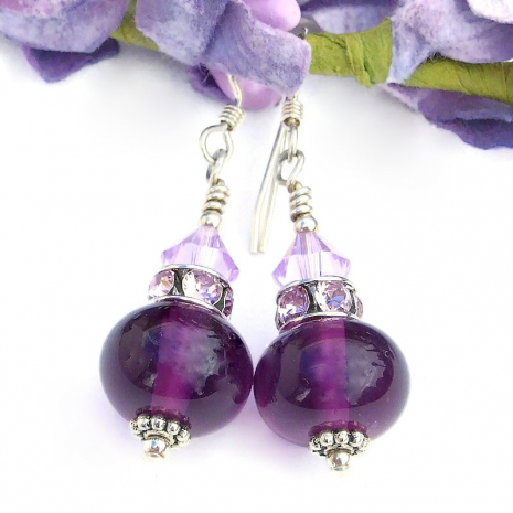 handmade amethyst purple lampwork earrings lavender Swarovski crystals