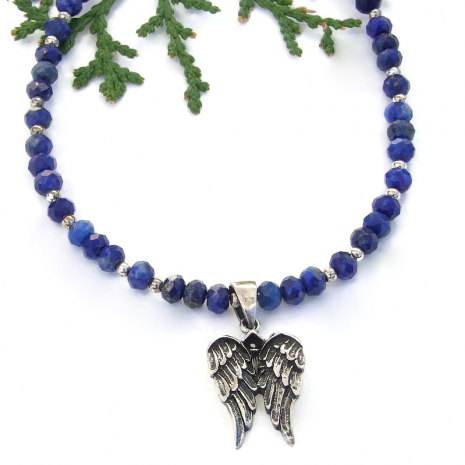 handmade angel wings necklace blue lapis lazuli gemstones