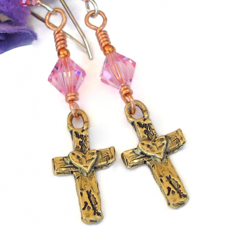 handmade antiqued bronze cross earrings religious jewelry gift for women