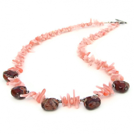 handmade apple jasper teardrop gemstones and coral beach necklace