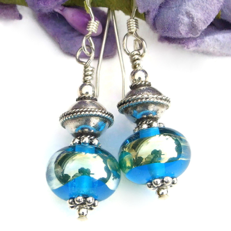 handmade aqua blue aurae earrings Thai silver