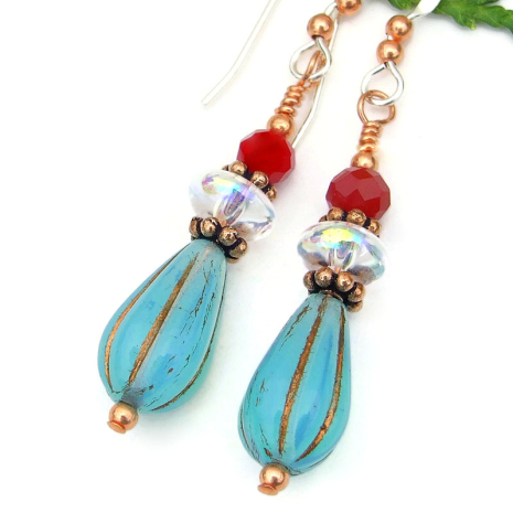handmade aqua blue opalin red clear jewelry teardrop Czech glass